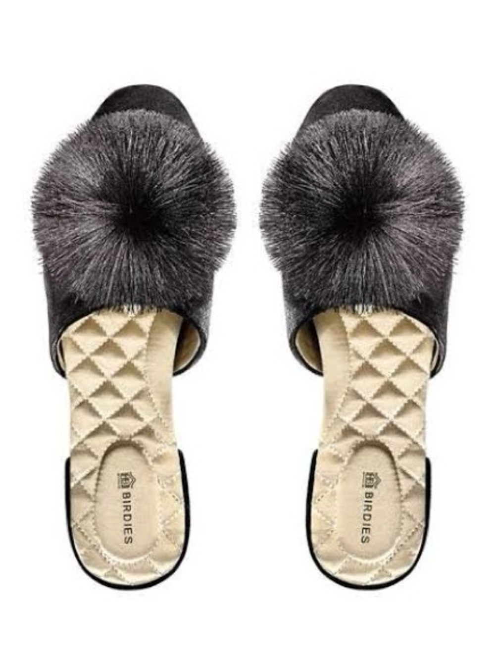 Birdies Charcoal Pom Slide Slippers with Quilted Insole